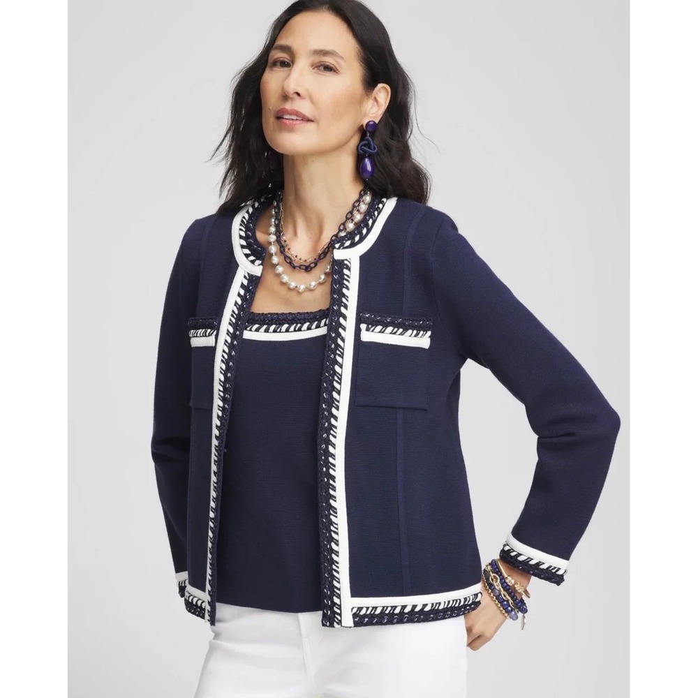 Chico's Contrast-Trim Lady Jacket Cardigan & Tank 2/U.S. Large Navy Knit Set
